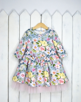 Платье (белые цветы на сером) | Артикул: С94/1-Ф | Детская одежда оптом от «Бэби-Бум»
